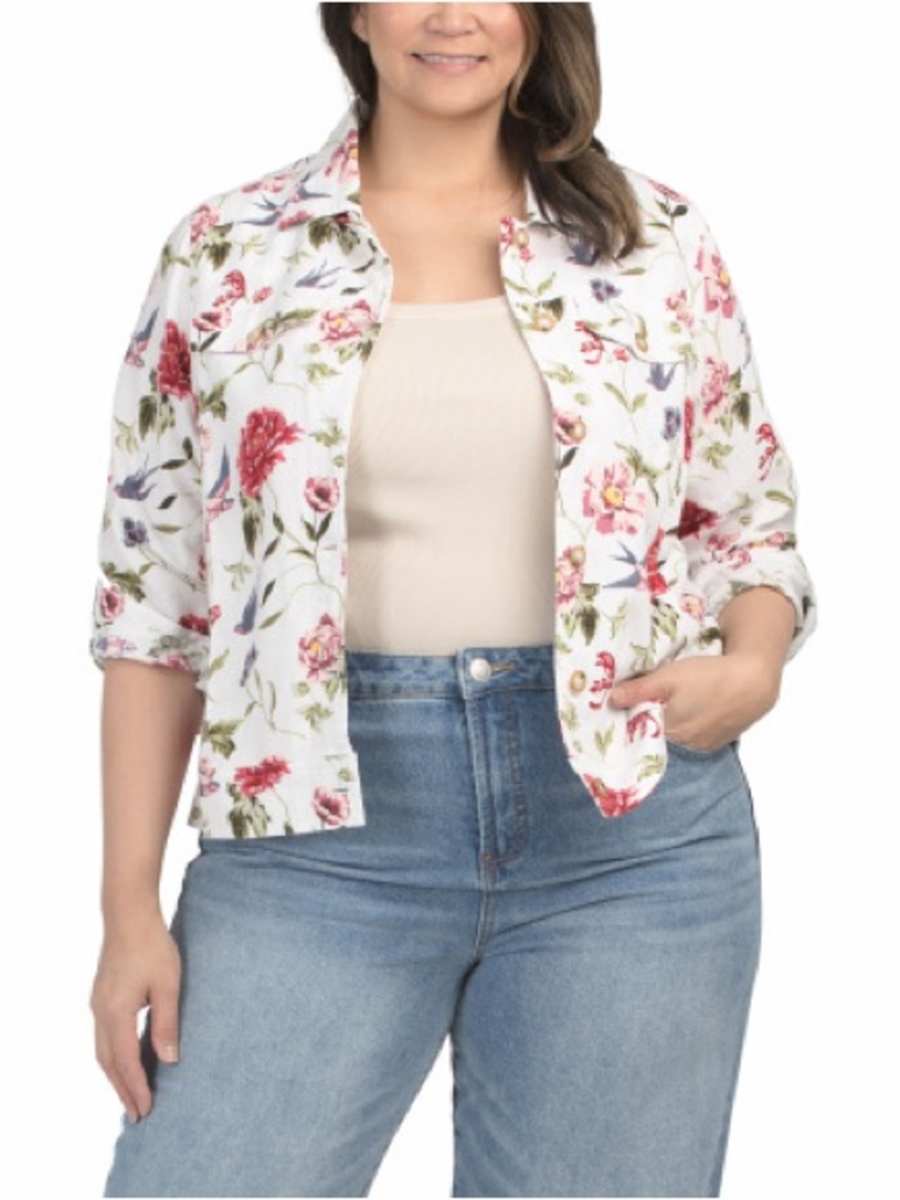 Tahari 2X Linen Blend Floral Bird Print Button Front Jacket Cottagecor